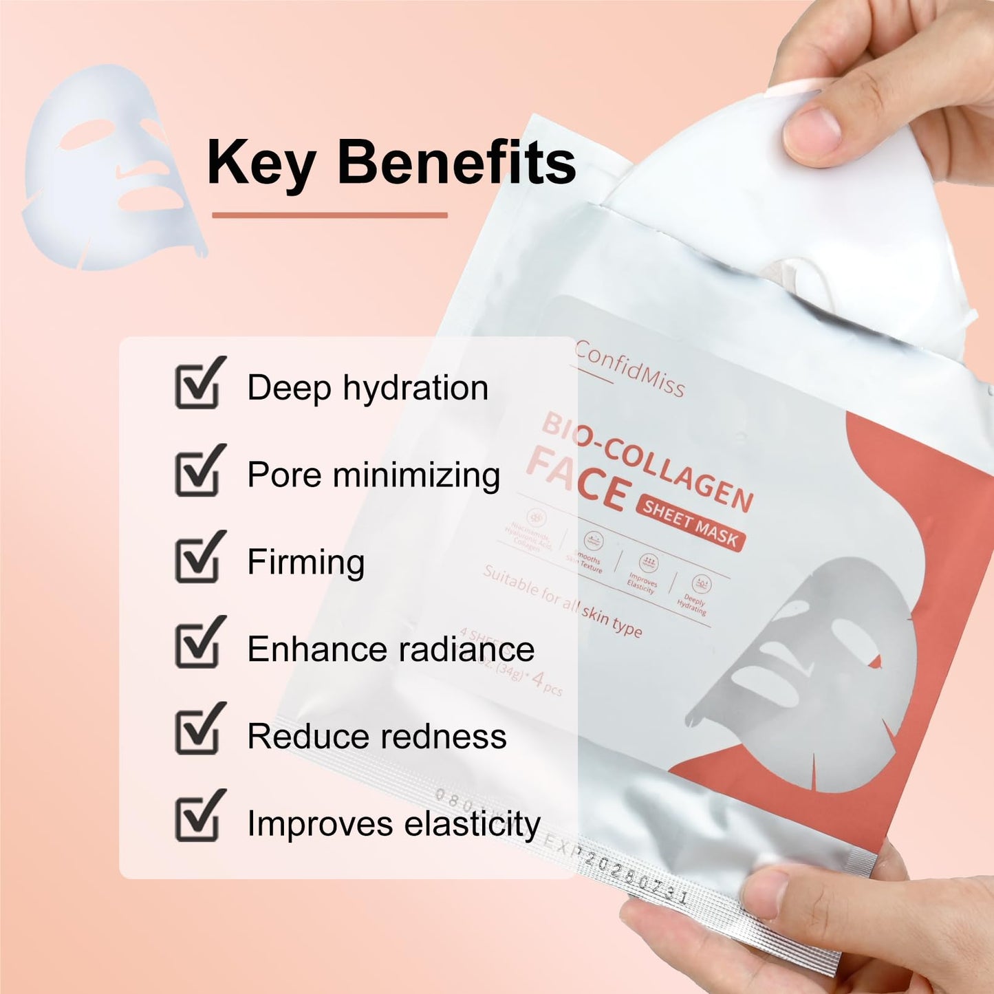 ConfidMiss Bio-Collagen Real Deep Face Mask,with Niacinamide Hyaluronic Acid Collagen Deeply Hydrating Brightening Anti-Aging Elasticity Improvement Overnight Facial Mask For Glass Glow Skin 4 Sheets
