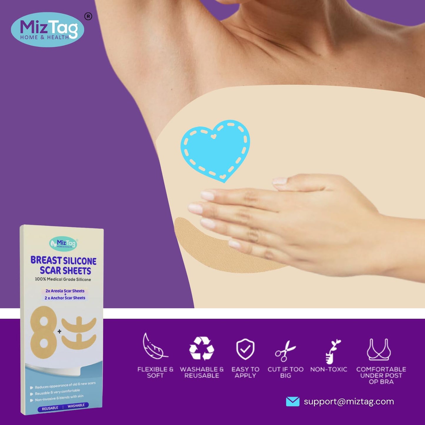 Silicone Scar Sheets for Combined Breast Lift + Augmentation Recovery | 4-Piece Areola & Anchor Kit by Miztag | Mommy Makeover & Mastopexy Post-Op Scar Treatment | Medical-Grade Reusable