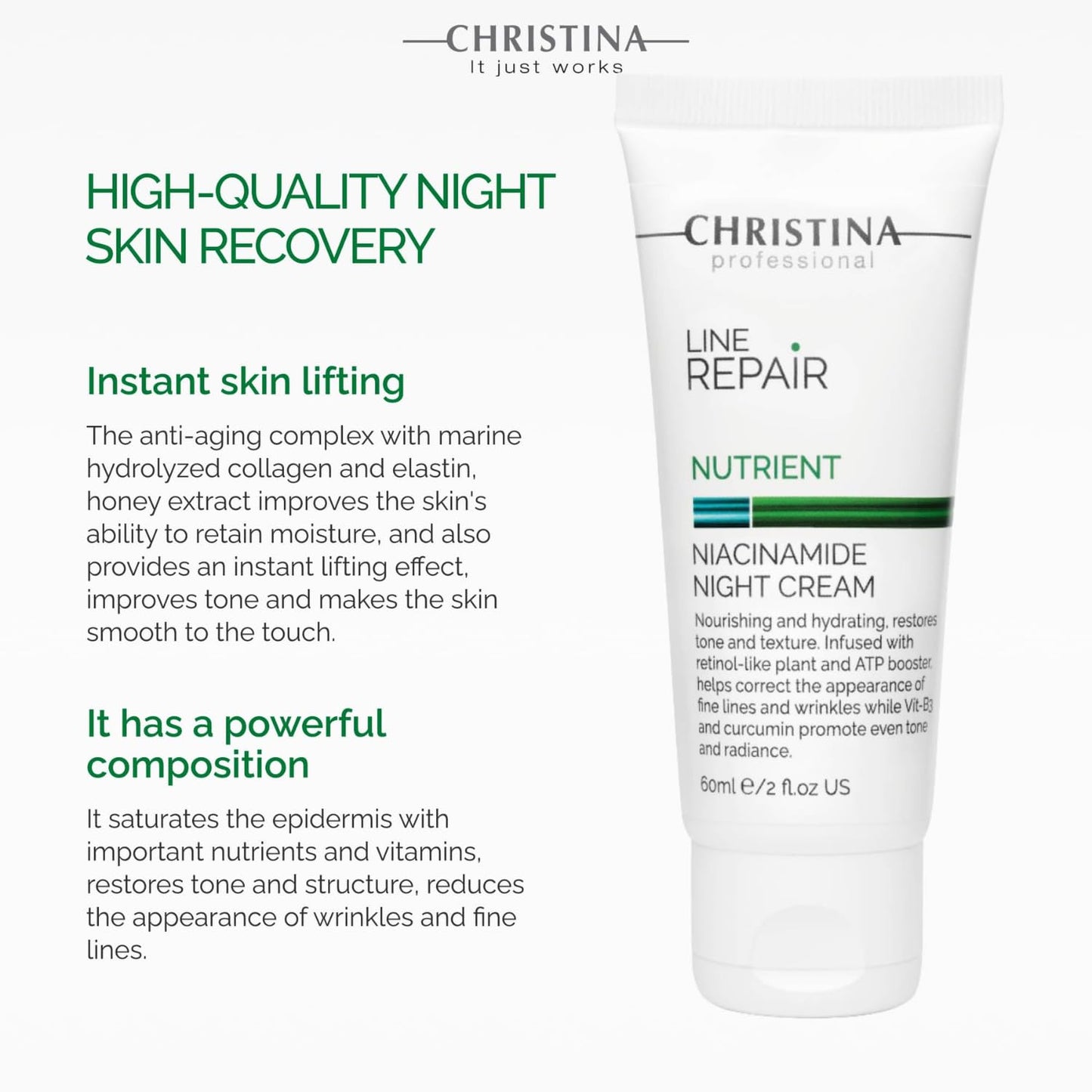 Christina Line Repair Nutrient Niacinamide Night Cream - 60ml - Vitamin B3, Plankton Algae, Glycolic and Circumin Night Moisturizer for Face - Repairing and Nourishing