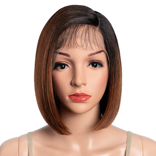DÉBUT Asymmetrical Bob Wigs Ear to Ear Lace Front with Baby Hair Short Bob Simulated Scalp Lace Wig for Women Heat Resistant Fiber Synthetic Hair Side Parting Wig Highlight Ombre Brown Color