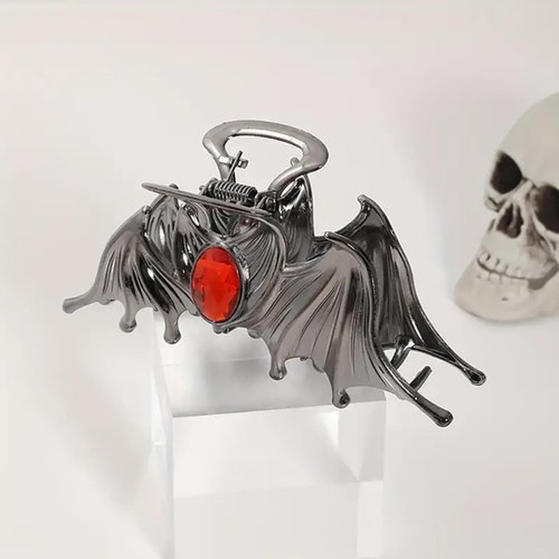 Halloween Hair Accessories Metal Bat Hair Claw Clips Halloween Shark Jaw Clip Silver Black Bat Wings with Rhinestones Design Medium Hair Clips Cosplay Party Hair Supplies Halloween Claw Clips, 2Pcs