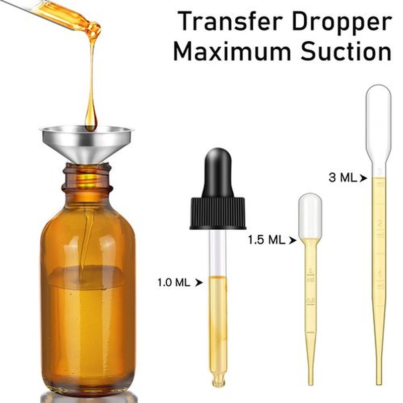 Bumobum 1oz Dropper Bottles for Essential Oils, 100 Pack 30ml Amber Glass Dropper Bottles with Eye Dropper, 10 Funnel and 10 Long Dropper, Empty Tincture Bottles for Travel, Home use