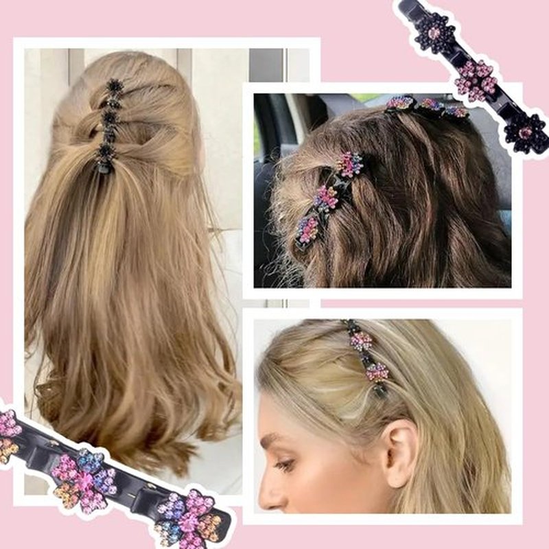 2 Pcs Sparkling Crystal Stone Braided Hair Clips, 2024 New Satin Fabric Hair Bands Rhinestone Four-Leaf Clover Hair Clip for Styling, Duck Bill Clips for Women Girls (D)