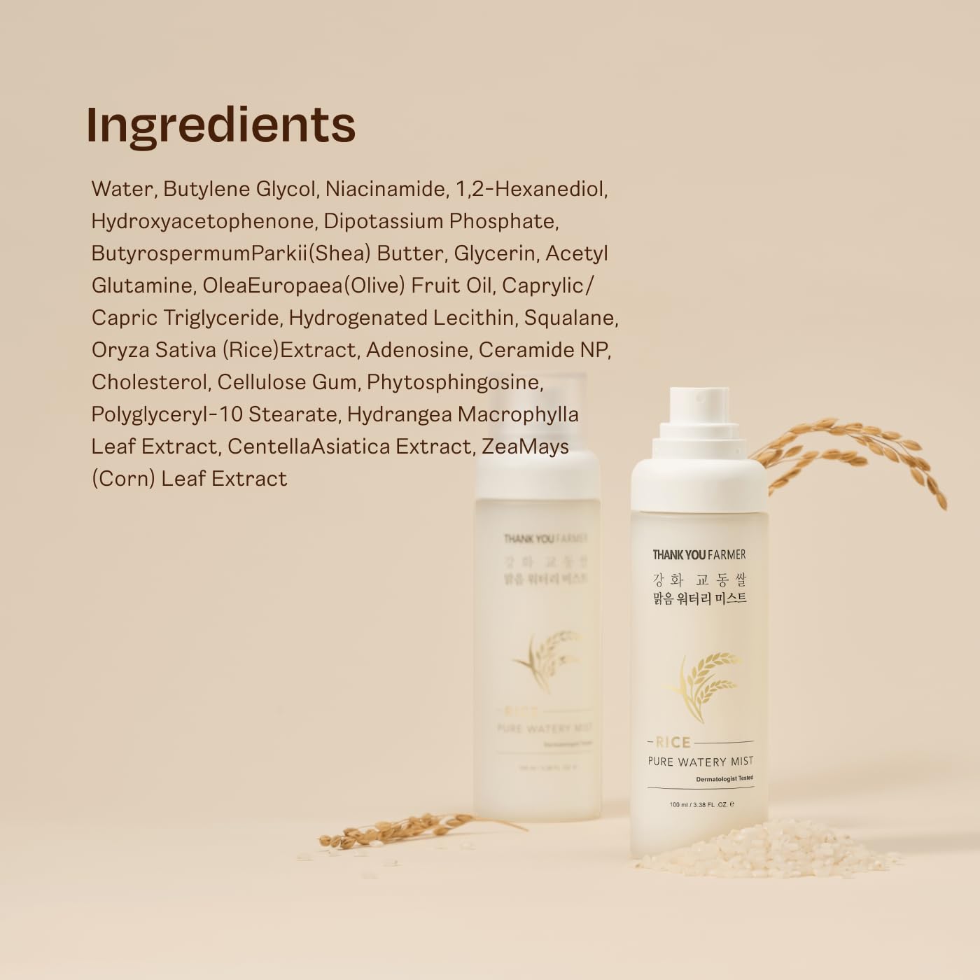 THANKYOU FARMER Rice Pure Watery Mist, Hydrating Face Spray Mist, Skin Barrier Care, Non-Sticky Facial Moisturizer, Ceramide NP Cholesterol & Fatty Acid, Korean On-the-Go Skin Care, Vegan, 3.38 Fl Oz
