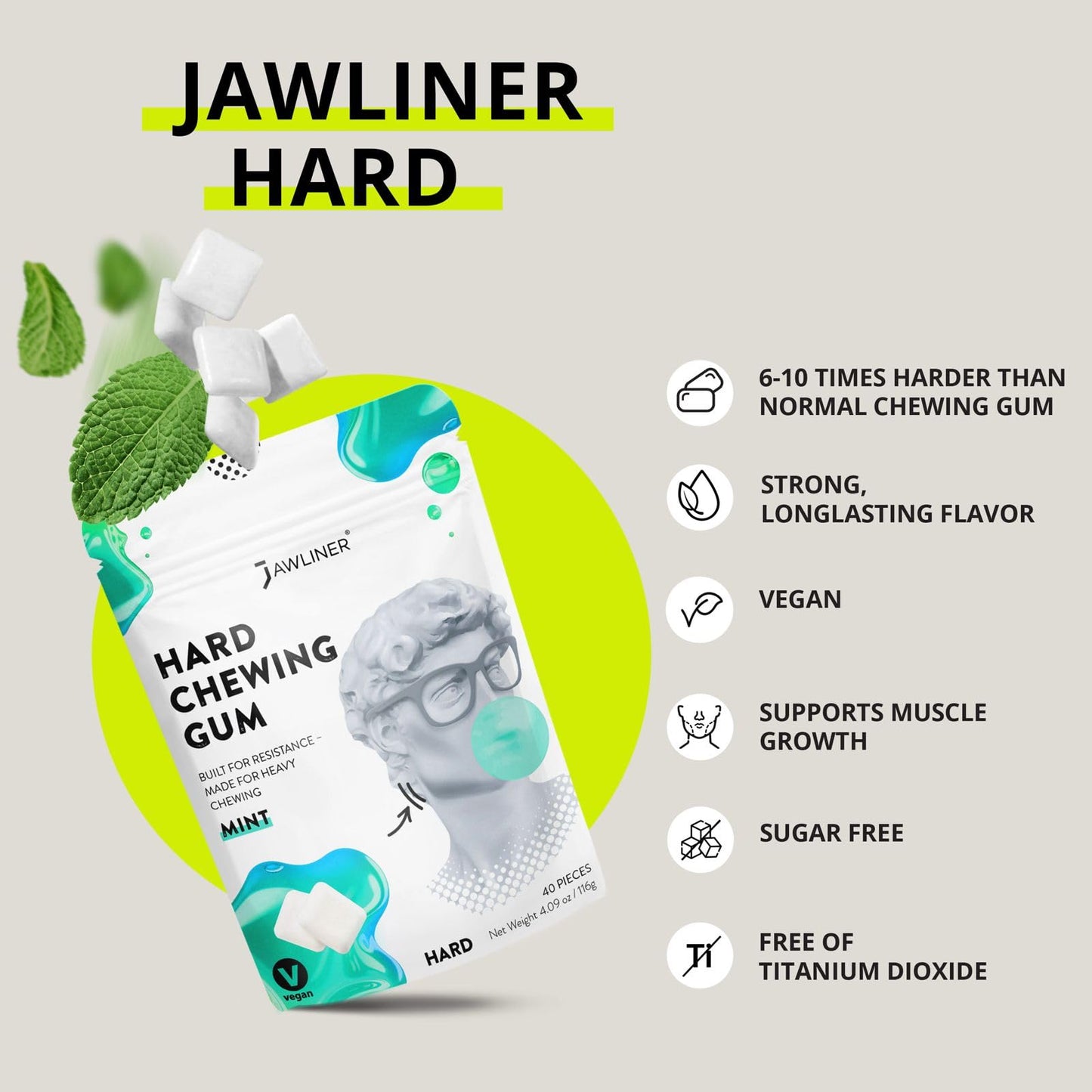 Jawliner® Hard Jawline Gum for Facial Fitness - Jaw Exerciser for Sculpted Masseter Muscle with 6-10× Stronger Resistance - Sugar-Free Vegan Workout Gum - Blueberry Flavor, 40 Pieces