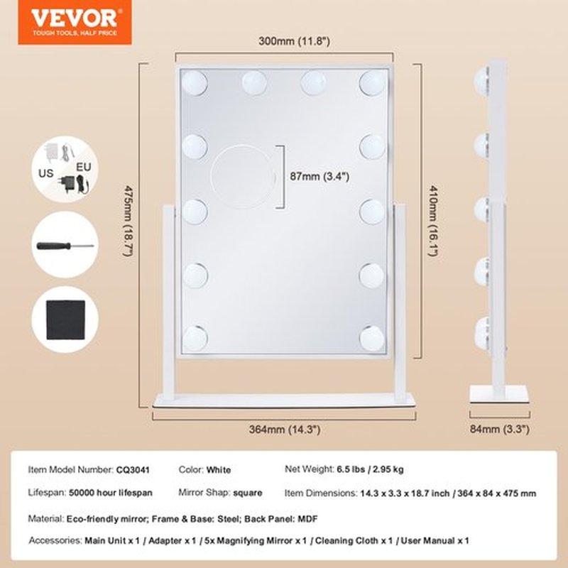 VEVOR Hollywood Vanity Mirror with Lights, 12 Dimmable Bulbs & 3 Color Lighting Modes, Makeup Mirror with Detachable 5X Magnification, Smart Touch Control, 360 Degree Rotation(16.1x11.8 in, White)