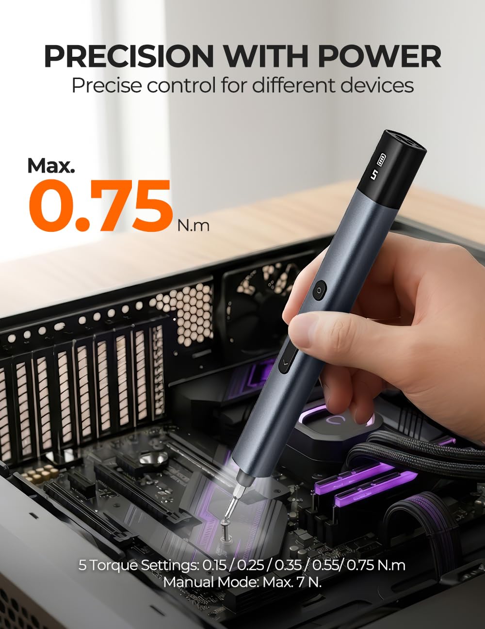 Electric Precision Screwdriver Set, 80 Magnetic Bits, Max 0.75N.m Torque, Mini Electric Screwdriver with 5 Torque Levels, Cordless Repair Tool for Electronics, PC Build, Laptop, Phone and Camera