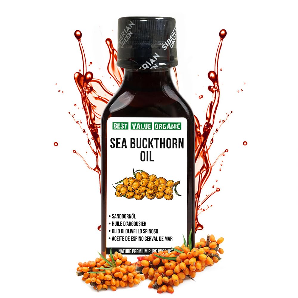 Siberian Sea Buckthorn Oil 100 Ml, Non-GMO, Unrefined, First Cold Pressed, Raw, Natural - 3.4 Fl Oz from wild harvested berries and seeds