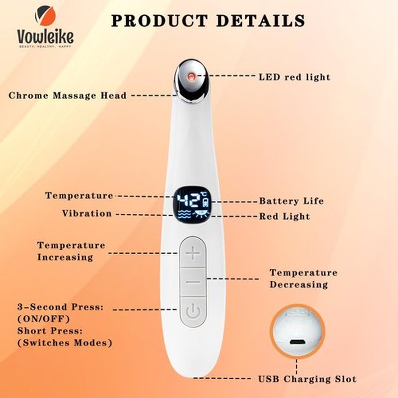 Vowleike Eye Lift Wand, 3 in 1 Vibrating 98°F to 113°F LCD Display Screen Eye Massager for Dry Eyes, Dark Circles and Puffiness, Fine Lines and Wrinkles, Cream White