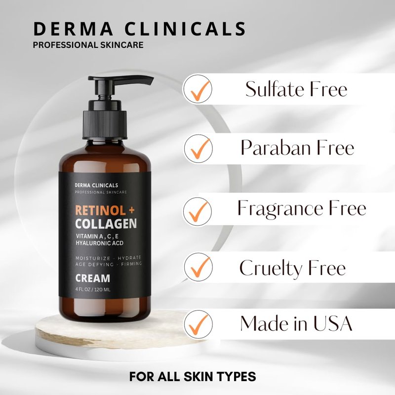 Retinol + Collagen Anti-Aging Face Cream | Hyaluronic Acid & Vitamin C Moisturizer - 4oz