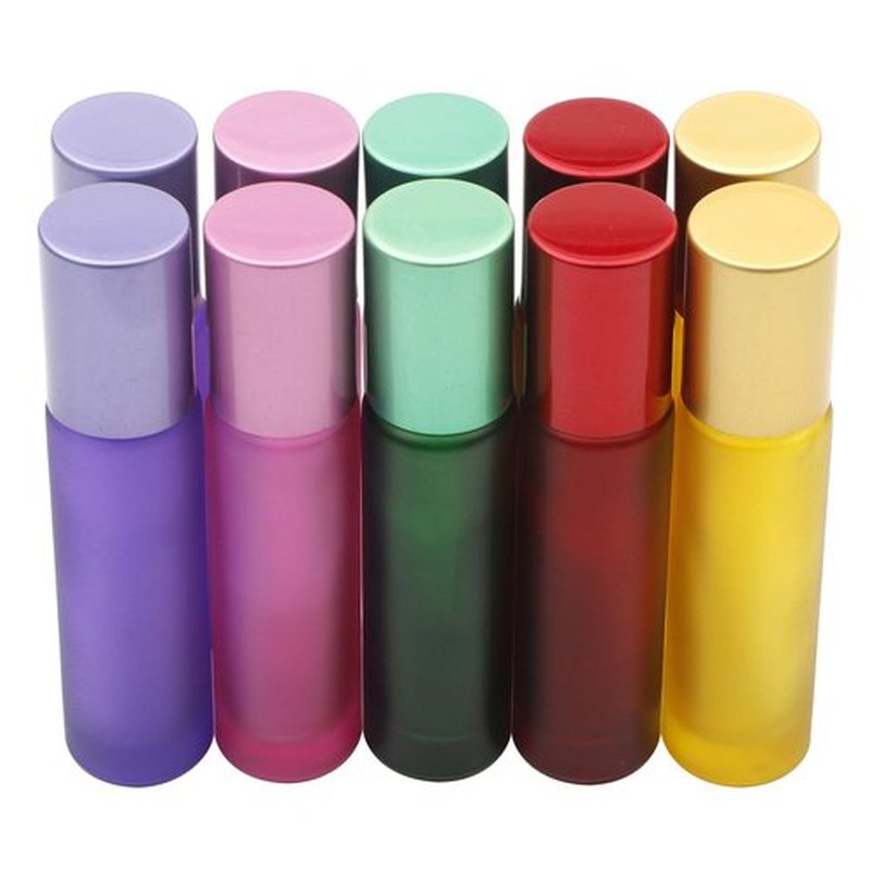 Kesell 10 Pack - 5 Color 10ml Frosted Glass Roller Bottles Vials with Stainless Steel Roller Ball for Essential Oils, Aromatherapy, Perfumes and Lip Balms