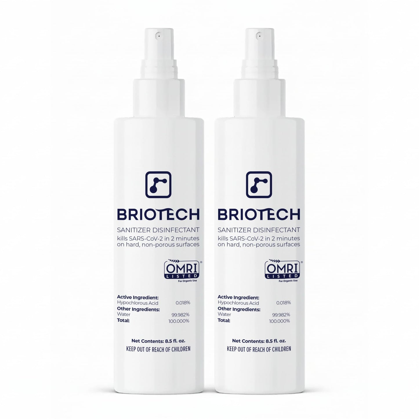 BRIOTECH Sanitizer Disinfectant Hypochlorous Spray, Kill 99.99% of Viruses & Bacteria, Control Mold, Eliminate Odor, Gentle for Nursery & Play Rooms, Food Contact Surface Sanitizer, 8.5 fl oz (2 Pack)