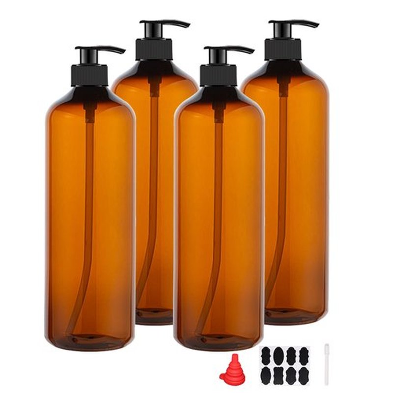 zmybcpack 4 Pack 32 OZ Empty Plastic Pump Bottles With 1 Pen, Labels & Silicone Funnel, Amber Empty Shampoo Bottles with Pumps For Body Wash, Shampoo, Massage Lotion, Gel