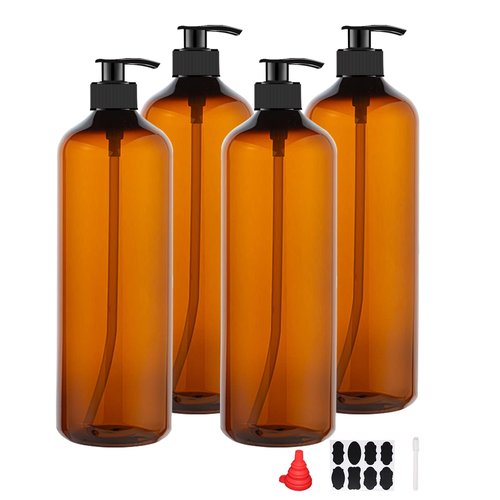 zmybcpack 4 Pack 32 OZ Empty Plastic Pump Bottles With 1 Pen, Labels & Silicone Funnel, Amber Empty Shampoo Bottles with Pumps For Body Wash, Shampoo, Massage Lotion, Gel