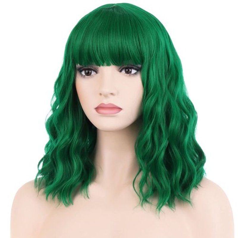 PATTNIUM 14 Inches Green Wig Short Wavy Wig Dark Green Wig with Bangs Women Girls Heat Resistant Synthetic Cosplay Costume Wig (Green)