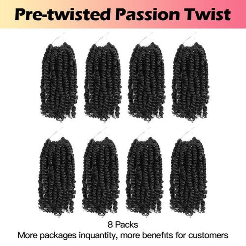 Niseyo 8 Inch Passion Twist Hair Pre-twisted 8 Packs Pre-looped Crochet Passion Twist Crochet Hair Short Braids (8Packs, 1B/Natural Black)