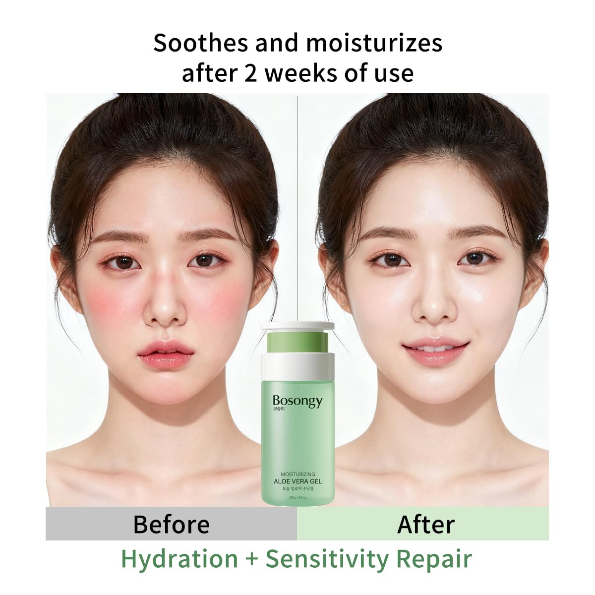 BOSONGY Moisturizing Aloe Vera Gel,Soothing Hydrating Face Body Gel with Pure Aloe Extract, Korean Skincare Green Tea Calms Redness, Repairs After Sun,Refreshes Sensitive Skin (8.8oz