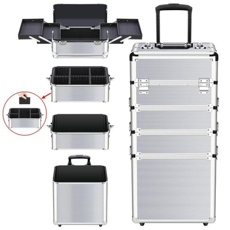 OUDMAY Makeup Rolling Train Case 4-in-1 Professional Artist Trolley Cosmetic Organizer with 2 Wheels Durable Aluminum Frame Folding Trays and Locks Silver