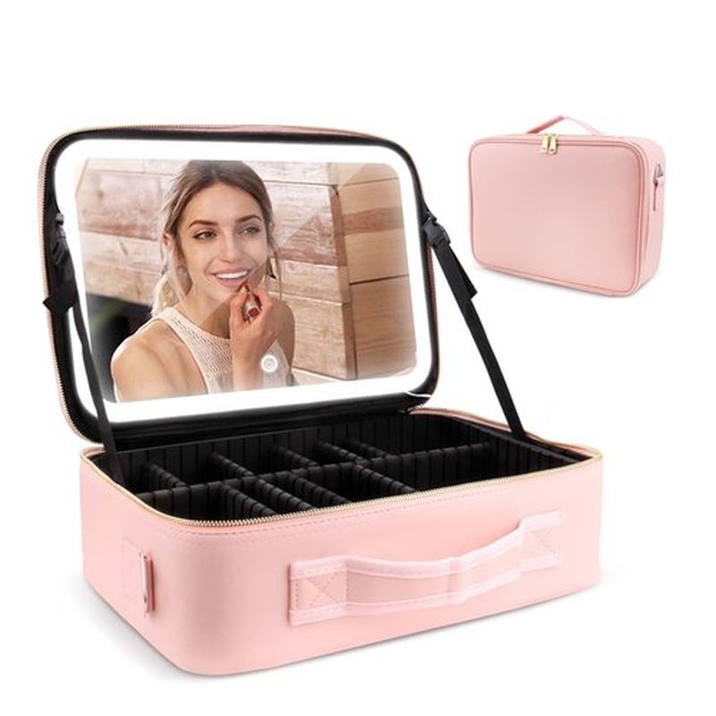 Smacen Large capacity Cosmetics Train Case with LED Lighted Mirror Rechargeable 3 Color Lights Adjustable Brightness Portable Makeup bag with Adjustable Dividers and Shoulder Straps (Pink)
