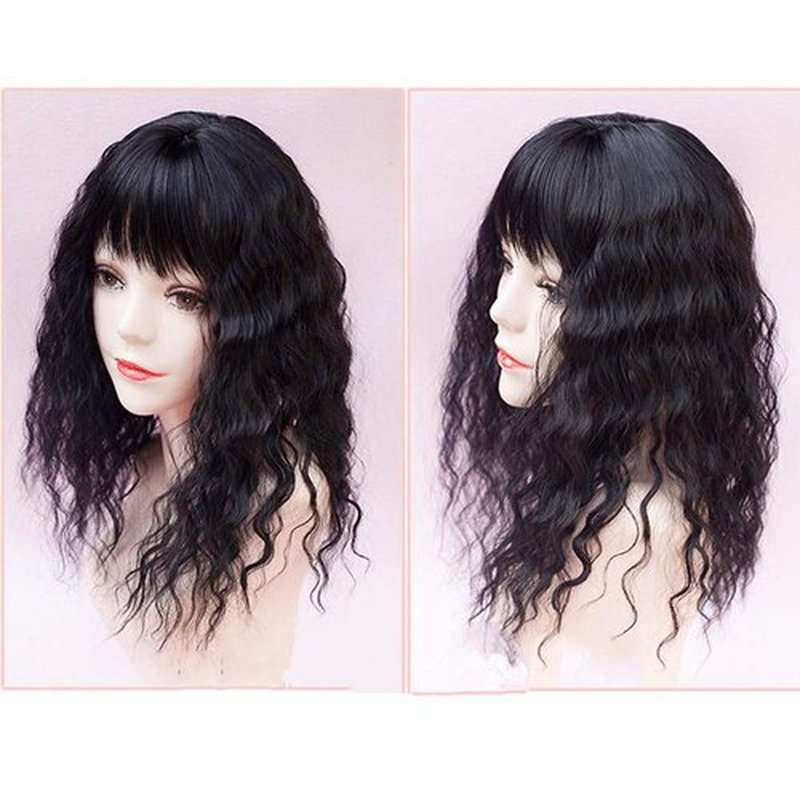 RemeeHi Clip on Curly Wavy Synthetic Top Wiglet Hairpieces for Thinning Loss Hair， Topper Hairpieces with Bangs for Women Natural Black 18 inch(Thin)