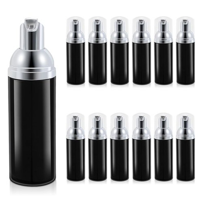 ASEVAT 12 Pcs Empty Foam Pump Bottle, 2 oz Mini Travel Foaming Soap Dispenser for Hand Soap, Lash Cleanser, Shampoo (Black + Silver pump)