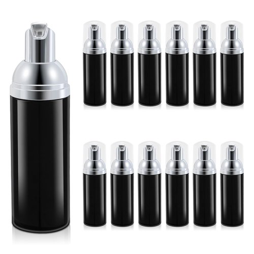 ASEVAT 12 Pcs Empty Foam Pump Bottle, 2 oz Mini Travel Foaming Soap Dispenser for Hand Soap, Lash Cleanser, Shampoo (Black + Silver pump)