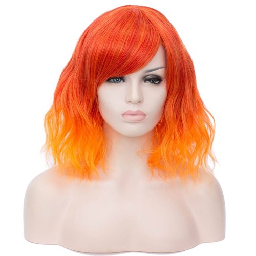 BERON 14 Inches Fire Wig Women’s Curly Ombre Orange Wig with Bangs Flame Wig for Women Halloween Cosplay Wig for Daily Use Synthetic Wigs (Ombre Orange)