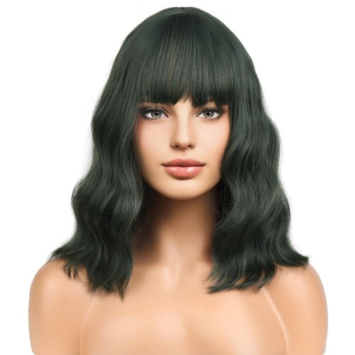 BERON 14 Inches Dark Green Wig for Women Short Curly Wig Green Wig with Bangs Loose Wavy Wig for Daily or Party