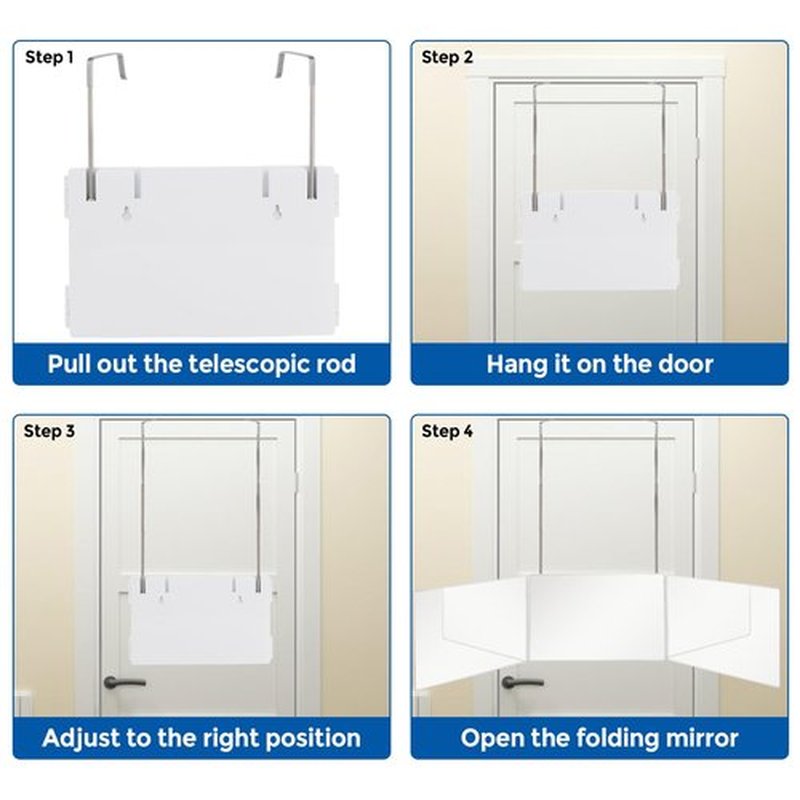 360 Trifold Mirror with Height Adjustable Telescoping Hooks, Includes Black Dual-Purpose Styling Comb - Ideal for Self Hair Cutting, Makeup - Essential for Travel, Bedroom, Bathroom (White)