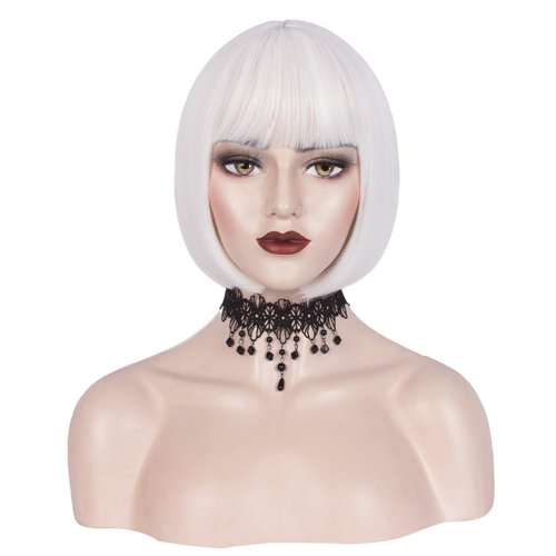 WeKen Bob White Wigs with Bangs Short White Full Bangs Wig for Black White Women Synthetic Halloween Cosplay Wig Daily Use 11 Inch