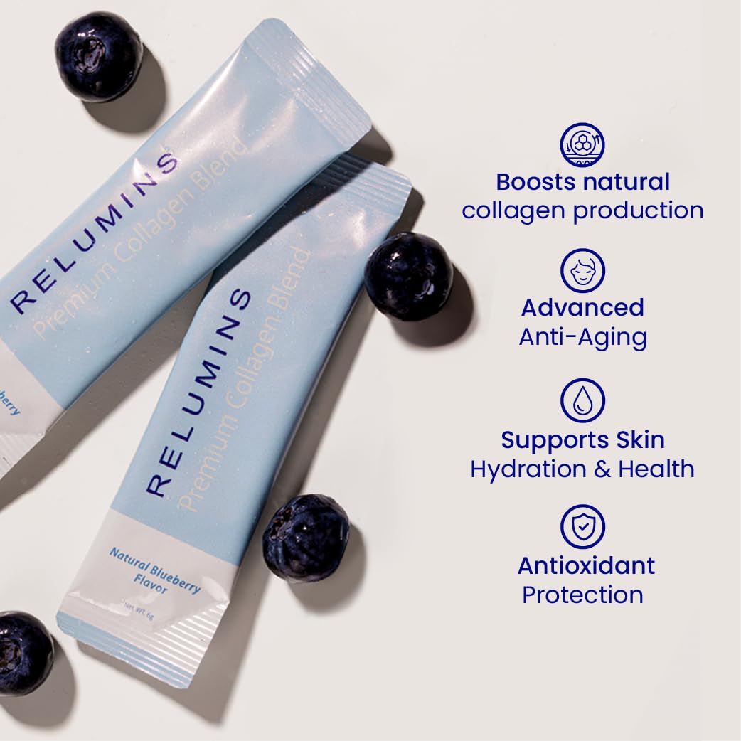 Relumins Marine Collagen Drink Mix 5000mg Type I, II, III Peptides with Glutathione, Green Tea, CoQ10 & Hyaluronic Acid for Smooth Glowing Skin - Blueberry Flavor - 20 Sachets + 2 Free