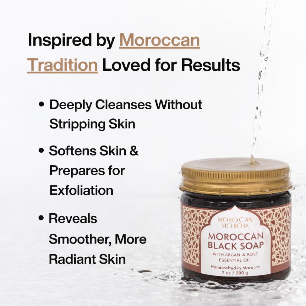 Moroccan Black Soap with Argan and Rose Oil, Hammam Exfoliating Natural Black Beldi Soap, Moroccan Body Scrub, Traditional Savon Noir (7 oz)