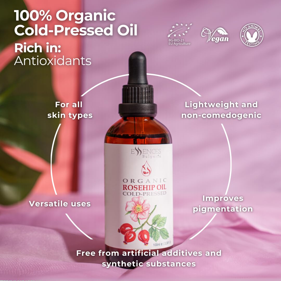 Essences Bulgaria Organic Rosehip Oil 3.4 Fl Oz | 100ml | 100% Natural Cold-Pressed Oil | Therapeutic Quality | Family Owned Farm | Massage Base Oil | Natural Moisturizer | Ideal Carrier Oil