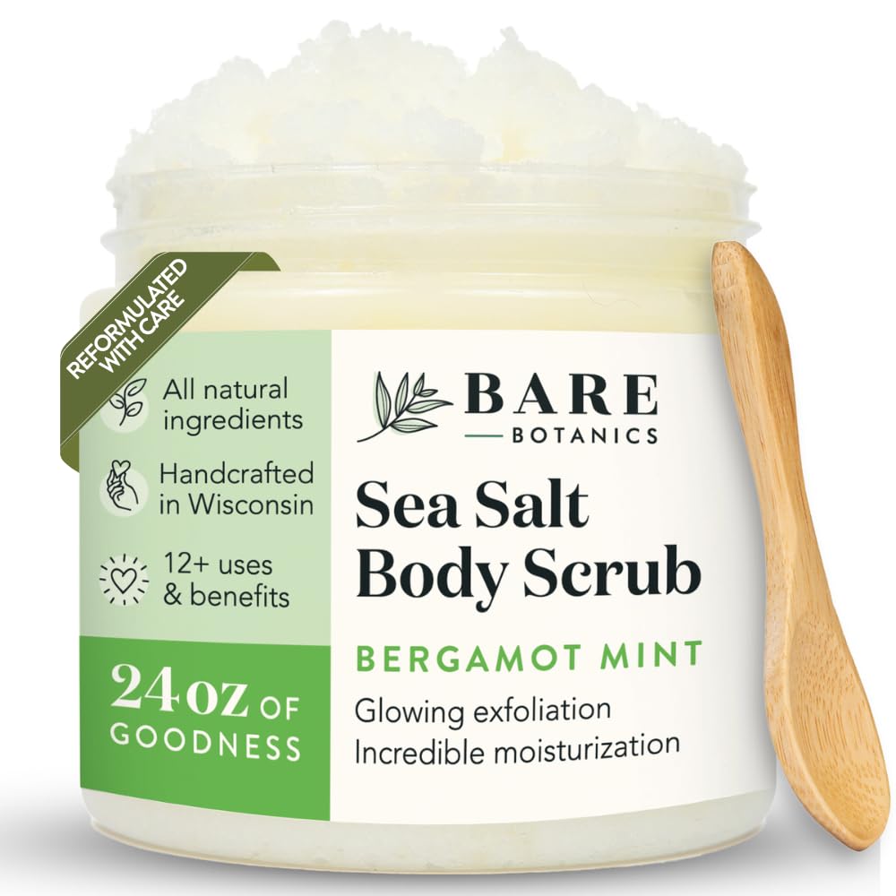Bare Botanics 24oz Vanilla Hazelnut Coffee Sea Salt Body Scrub | Non-toxic, Vegan & Cruelty-free | Made in Madison, WI | Full Body Exfoliator & Hydrating Moisturizer with a Cute Wooden Spoon
