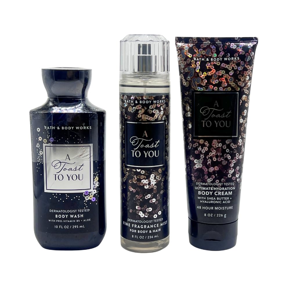 Bath & Body Works A TOAST TO YOU Fine Fragrance Mist, Ultimate Hydration Body Cream, and Body Wash 3pc Gift Set with 30-inch Silver Ribbon Bow for Gifts & Holidays – Full Size