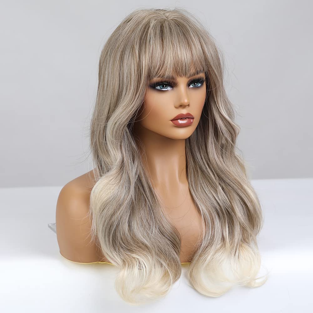 WTHCOS Long Ombre Brown Blonde Wigs Ash Blodne Wig for Women Long Curly Wavy Brown Mixed Blonde Wig With Bangs Silky Full Heat Resistant Synthetic Wig with Wig Cap (Blonde Mix Brown)
