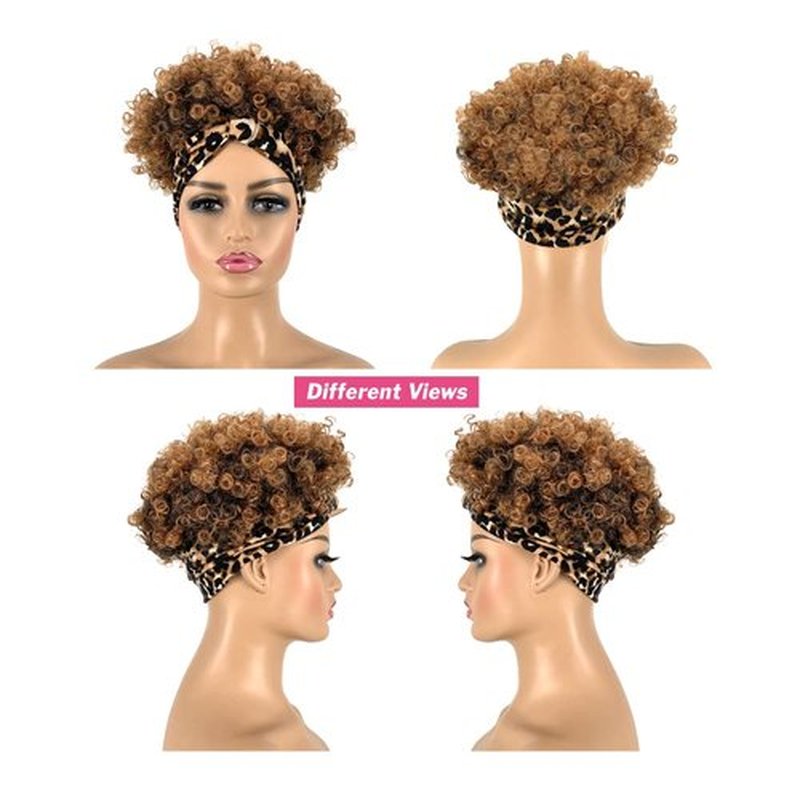 Allyreetress Short Curly Wigs with Headbands Attached for Black Women Synthitic Kinky Curly Afro Puff No Drawstring Ponytail Wig Headwrap Hairstyles With 2 Clips(T1B/30)