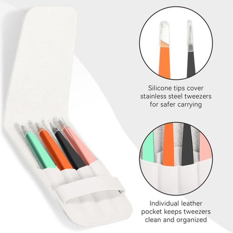FACEMADE 4 Pack Tweezers Set - Professional Stainless Steel Tweezers for Men and Women, Precision Eyebrow Tweezers for Facial Hair, Chin, and Ingrown Hair Removal (Green, Orange, Black & Pink)