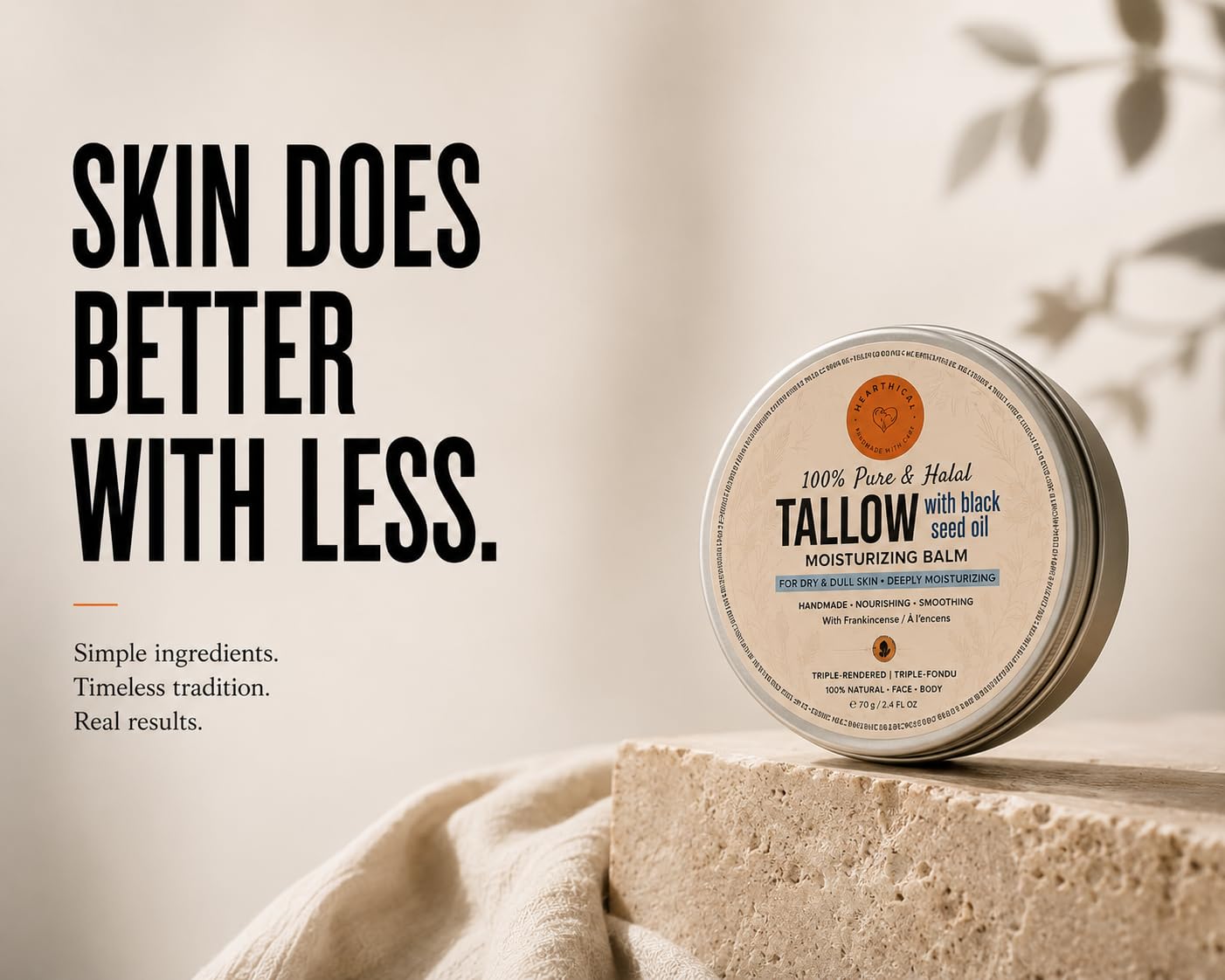 Hearthical Halal Grass Fed Beef Tallow For Skin – 70g Organic Beef Tallow Moisturizer – Beef Tallow Face Moisturizer & Beef Tallow Face Cream – Pure Beef Tallow Balm with Black Seed and Jojoba