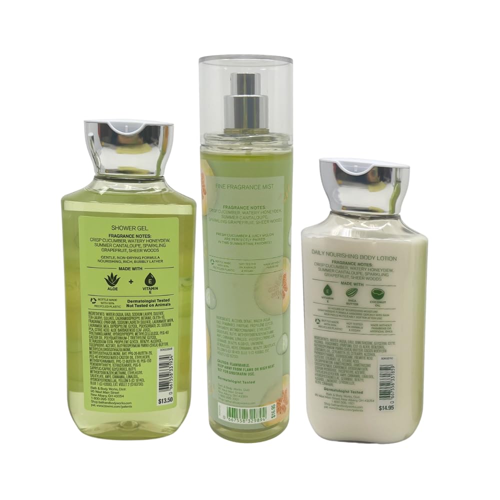 Bath & Body Works CUCUMBER MELON 3-piece Gift Set with a Red Bow for Holiday & Gifts - Mist, Shower Gel, and Body Lotion - Limited Edition
