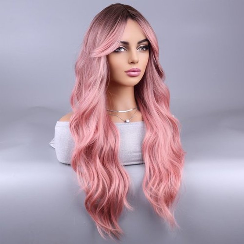 MAGQOO Pink Wig for Women Ombre Pink Wig Long Curly Wavy Pink Wigs Dark Roots Two Tones Synthetic Heat Resistant