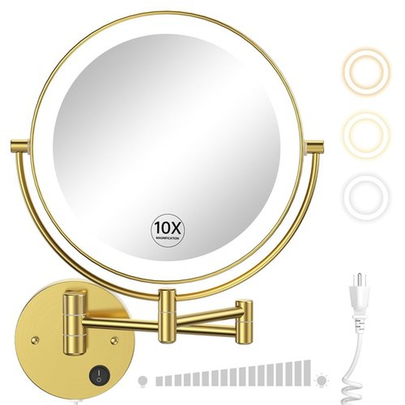Gospire 9” Wall Mounted Lighted Makeup Vanity Mirror with 3 Color Lights & Stepless Dimming, 1X/10X Magnifying LED Double Sided Bathroom Touch Sensor Extendable Arm 360° Swivel Shaving Gold Mirror