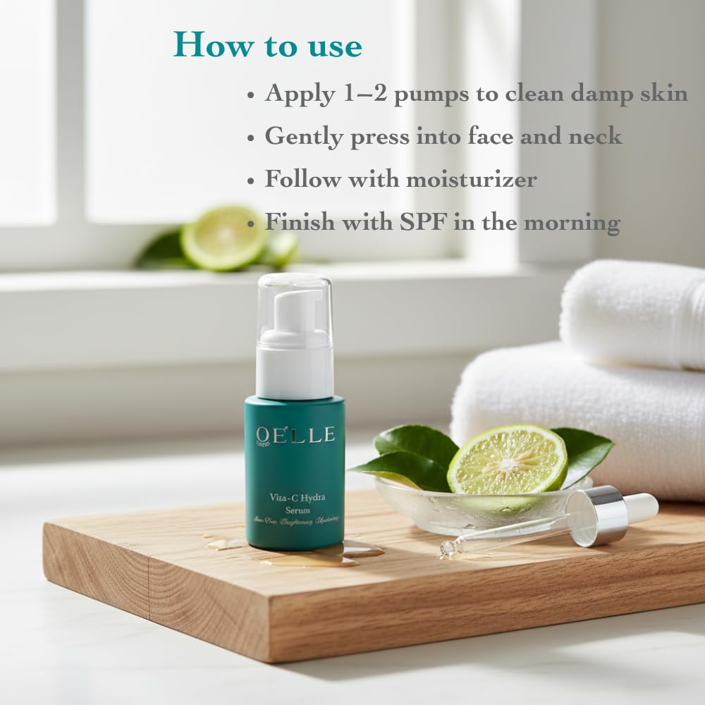 Organic Elle Serum Vitamin C Hydra Glow, with Hyaluronic Acid, Ferulic Acid, MSM & Stem Cells – Brightening, Hydrating, Dark Spot & Fine Line Support, Lightweight Anti-Aging Face Serum