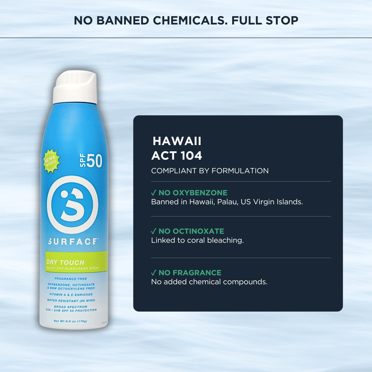 Surface Sunscreen Spray SPF 50 for Body, Natural Formula, Lightweight and Reef Friendly, Broad Spectrum UVA UVB Protection, Water Resistant Sun Care for Outdoor Use, Fragrance Free, 6oz