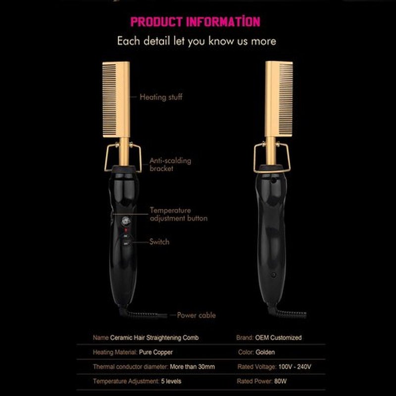 Homfu Electric Hot Comb Hair Straightening Heat Pressing Comb Ceramic Curling Flat Iron Curlers Designed Hair Hot Comb Straightener,Portable Travel Anti-Scald Beard Straightener Press Comb