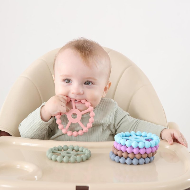 Silicone Teething Ring Toys for Babies | 3-Pack Infant Teether Set - Purple, Pink, White - 0-24 Months