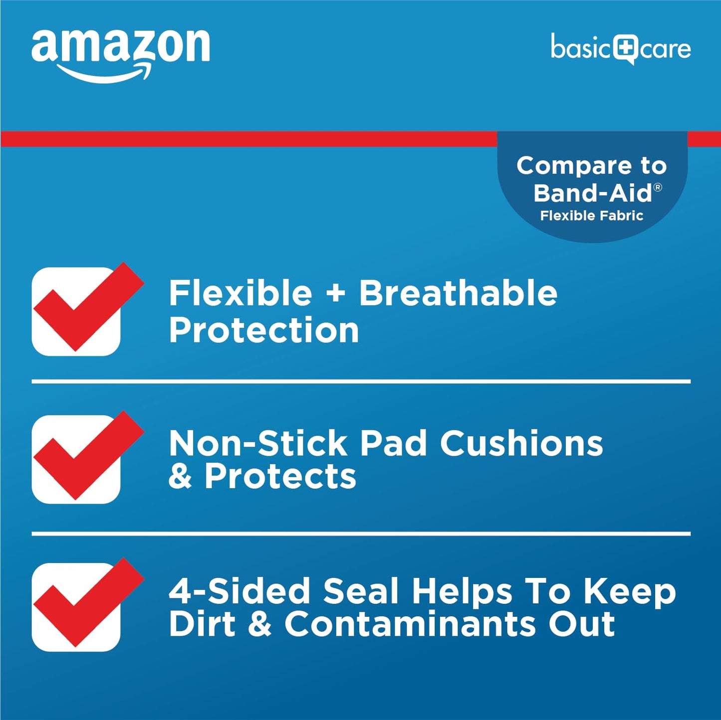 Amazon Basic Care Flexible Fabric Adhesive Bandages, XL (2 in x 4 in), Non-Stick Pad for Cuts & Scrapes, 4-Sided Seal, 10 Count