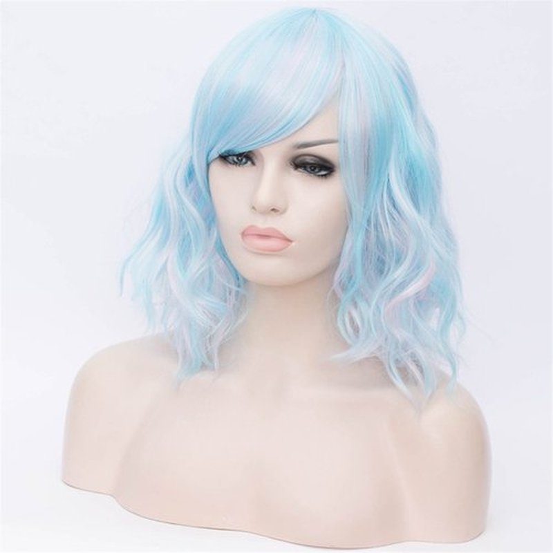 BUFASHION 14" Women Short Wavy Curly Wig Mixed Blue Bob Wig Cosplay Halloween Synthetic Wigs with Side Bang wig(Mixed Blue)