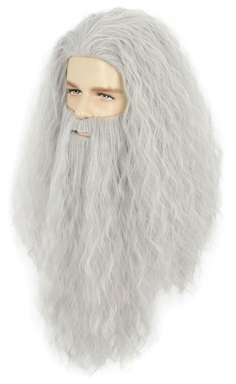 yuehong Long Grey Curly Men Wig Big Beard Wizard Wig Heat Resistant Synthetic Fibers Wig Soft Durable Breathable Costume Wig