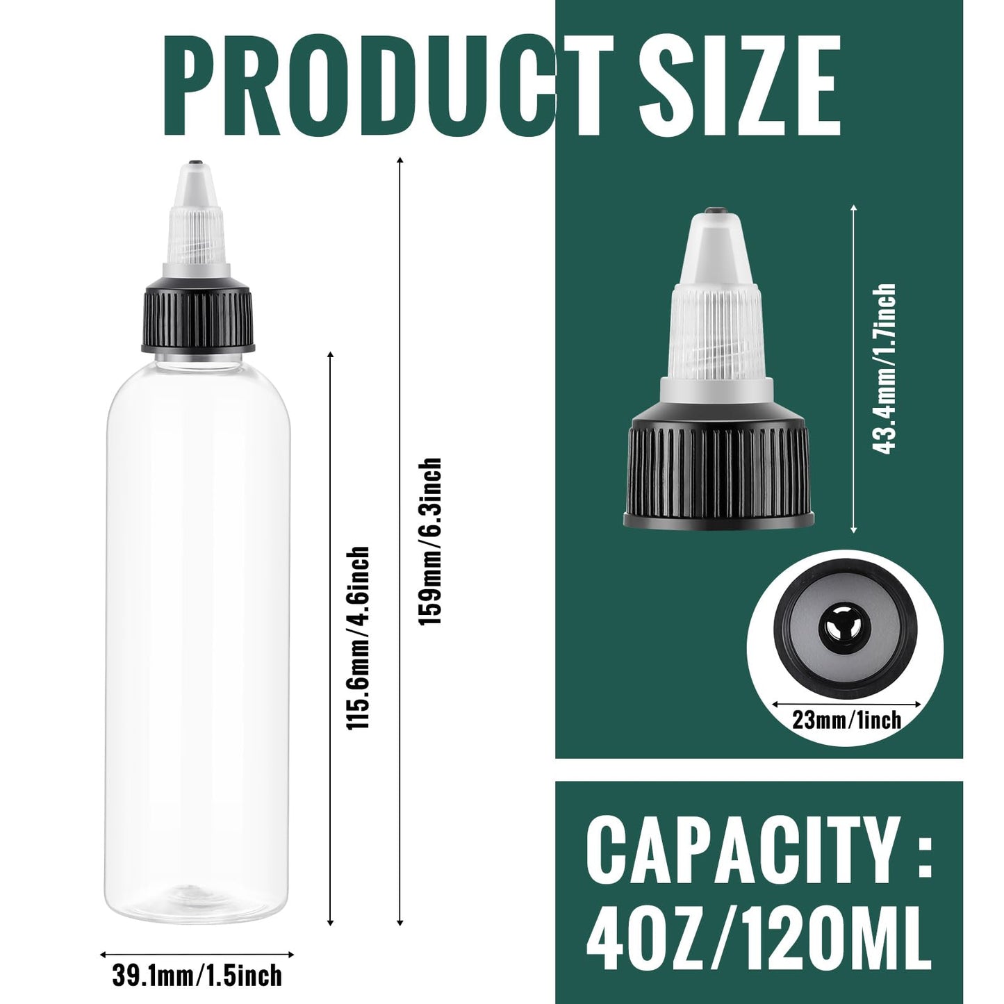 Irenare 100 Pcs 4 oz Plastic Squeeze Bottles Bulk Hair Oil Applicator Bottles Boston Empty Squeeze Condiment Bottle with Twist Top Cap Leak Proof for Liquids Oils Art Crafts Household Kitchen (Clear)